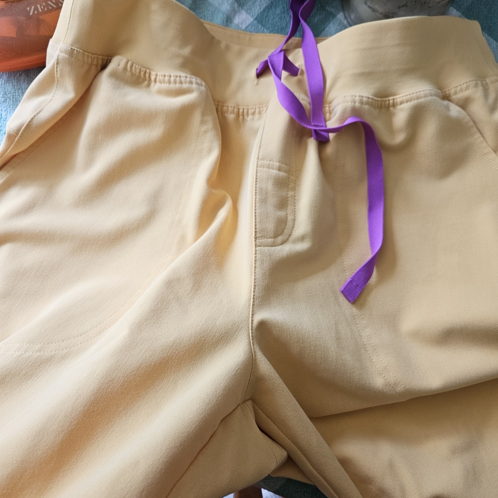 Figs Wide Leg Jumpsuit Pants in Pale Yellow with Purple Drawstring